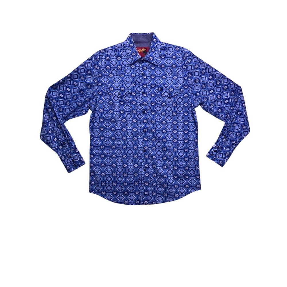 Rodeo Clothing Co Western Snap Shirt Mens Small Blue Aztec Geometric Print Rodeo